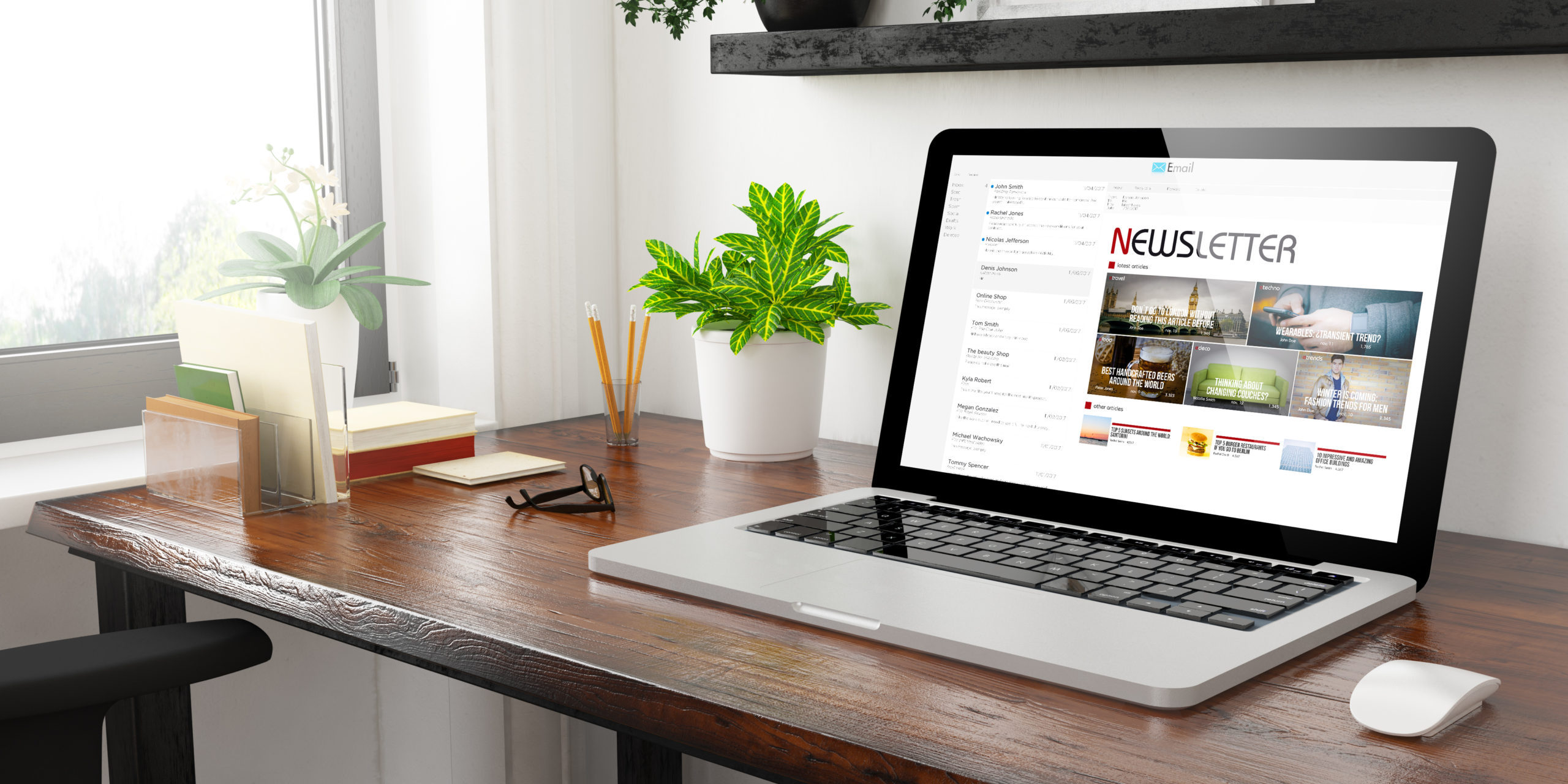 Laptop showing newsletter on screen